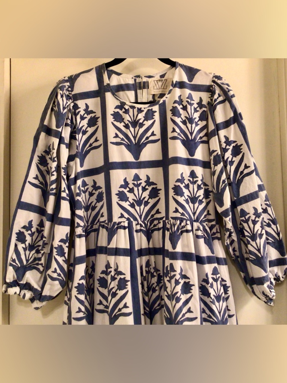 SZ Block Prints /Orti Blue and White Cotton Floral Midi Dress - Sz L - Picture 6 of 12
